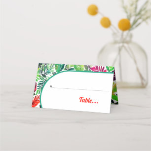 Colourful tropical leaves, arch maximalist wedding place card