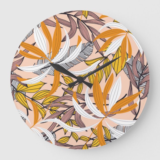 Colourful tropical leaves, beige background patter large clock (Front)