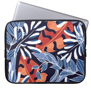 Colourful Tropical Leaves Blue Background Laptop Sleeve