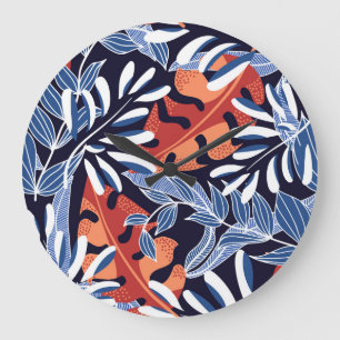 Colourful Tropical Leaves Blue Background Large Clock
