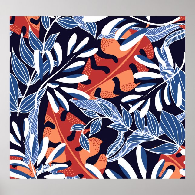 Colourful Tropical Leaves Blue Background Poster (Front)