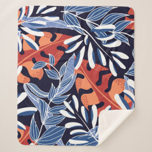 Colourful Tropical Leaves Blue Background Sherpa Blanket