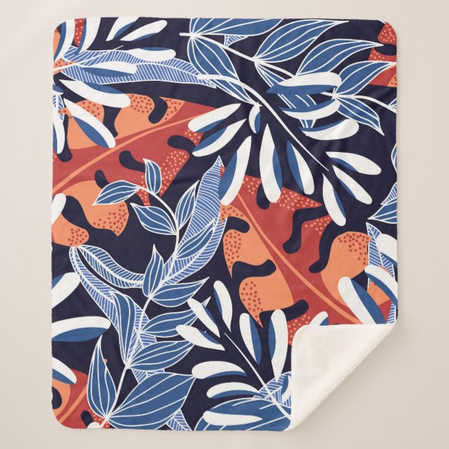 Colourful Tropical Leaves Blue Background Sherpa Blanket (Front)