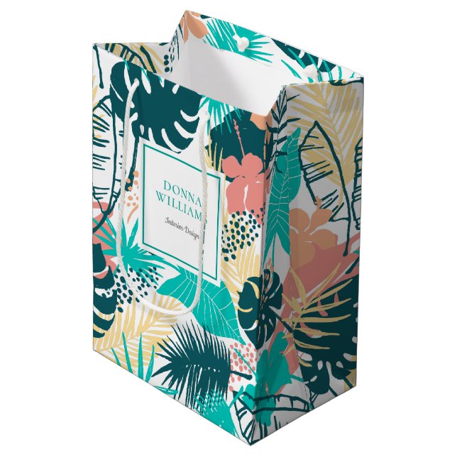 Colourful tropical leaves collage medium gift bag (Front Angled)