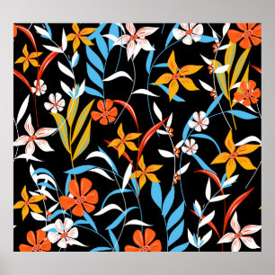 Colourful tropical leaves: dark background pattern poster