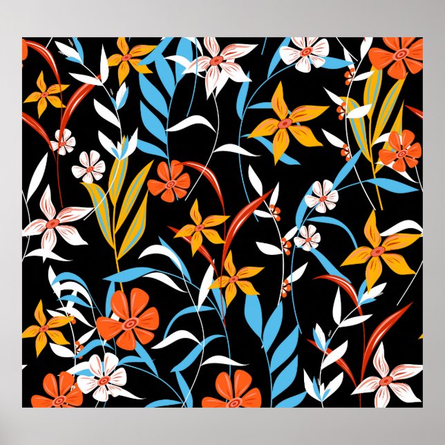 Colourful tropical leaves: dark background pattern poster (Front)
