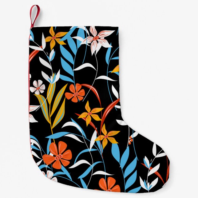 Colourful tropical leaves: dark background pattern small christmas stocking (Front)