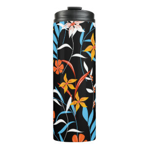 Colourful tropical leaves: dark background pattern thermal tumbler