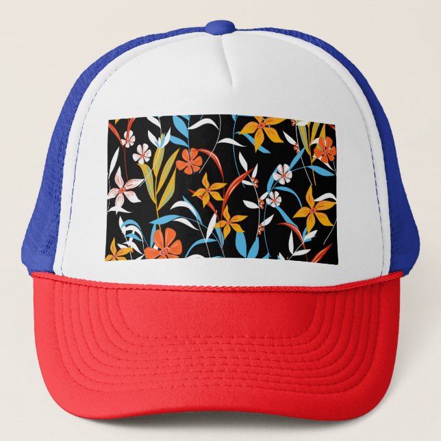 Colourful tropical leaves: dark background pattern trucker hat (Front)