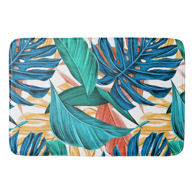 Colourful tropical leaves, exotic pattern design, bath mat (Front)