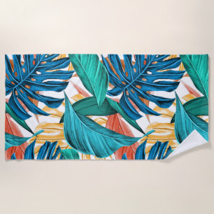 Colourful tropical leaves, exotic pattern design, beach towel