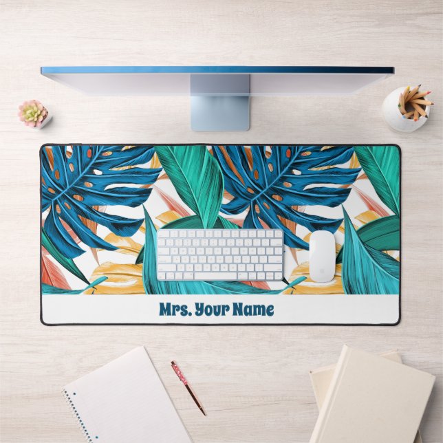 Colourful tropical leaves, exotic pattern design, desk mat (Office 1)