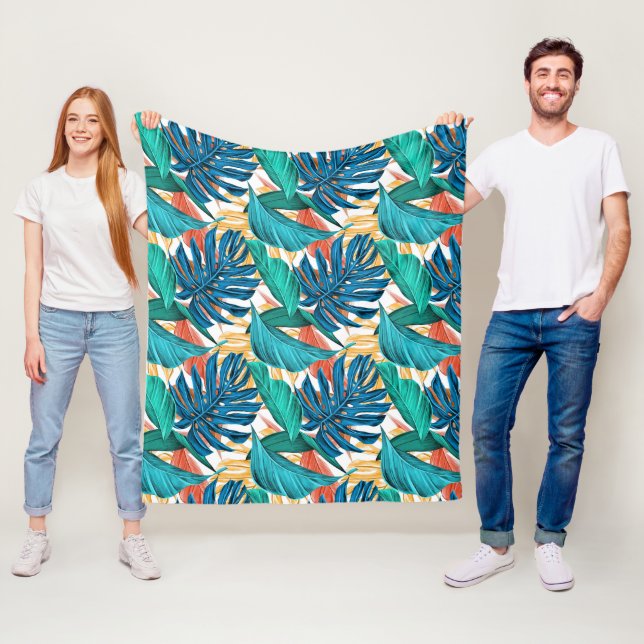Colourful tropical leaves, exotic pattern design, fleece blanket (In Situ)