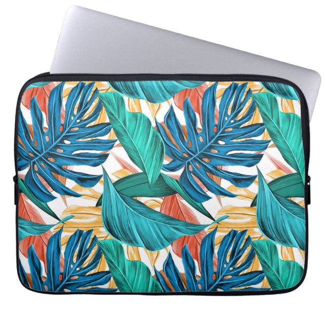 Colourful tropical leaves, exotic pattern design, laptop sleeve (Front)