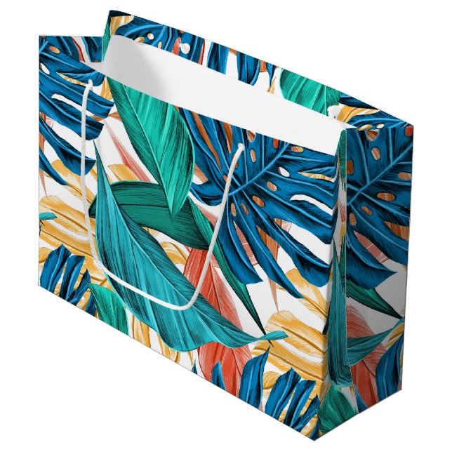 Colourful tropical leaves, exotic pattern design, large gift bag (Front Angled)