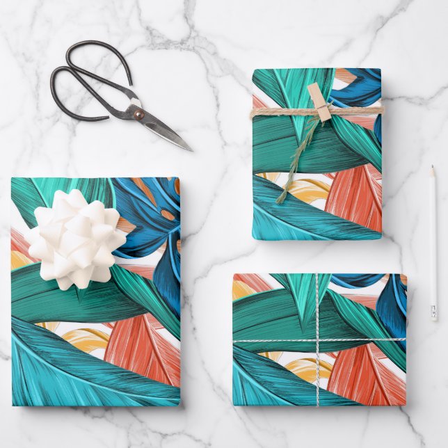 Colourful tropical leaves, exotic pattern design, wrapping paper sheet (Front)