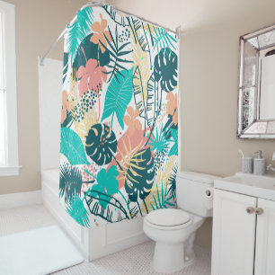 Colourful tropical leaves & flowers collage shower curtain