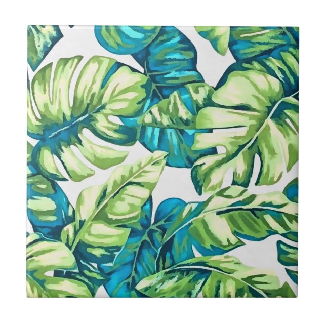 Colourful Tropical Leaves Of Banana and Monstera Ceramic Tile (Front)
