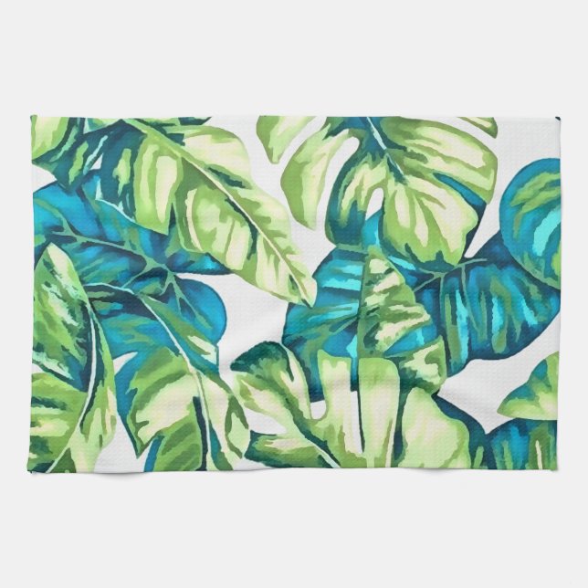 Colourful Tropical Leaves Of Banana and Monstera Tea Towel (Horizontal)