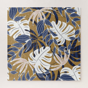 Colourful Tropical Leaves Orange Background Jigsaw Puzzle