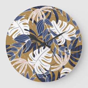 Colourful Tropical Leaves Orange Background Large Clock