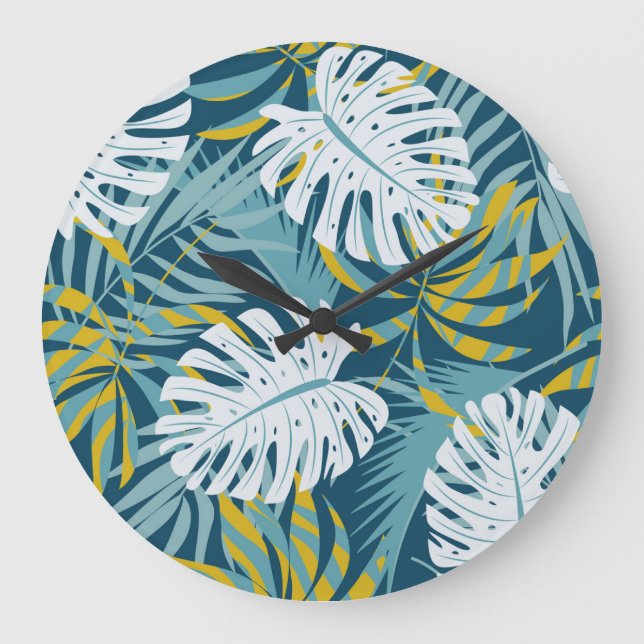 Colourful tropical leaves, original abstract patte large clock (Front)