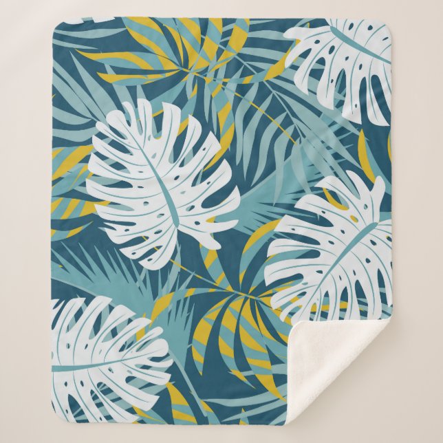 Colourful tropical leaves, original abstract patte sherpa blanket (Front)