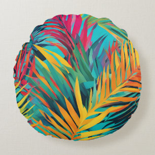Colourful Tropical Leaves Palm Fronds Aqua Blue Round Cushion