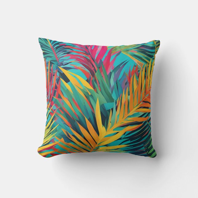 Colourful Tropical Leaves Palm Fronds Cushion (Front)