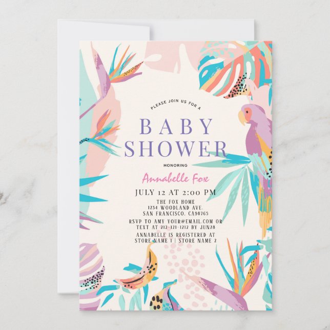 Colourful Tropical leaves Parrot Baby Shower Invitation (Front)