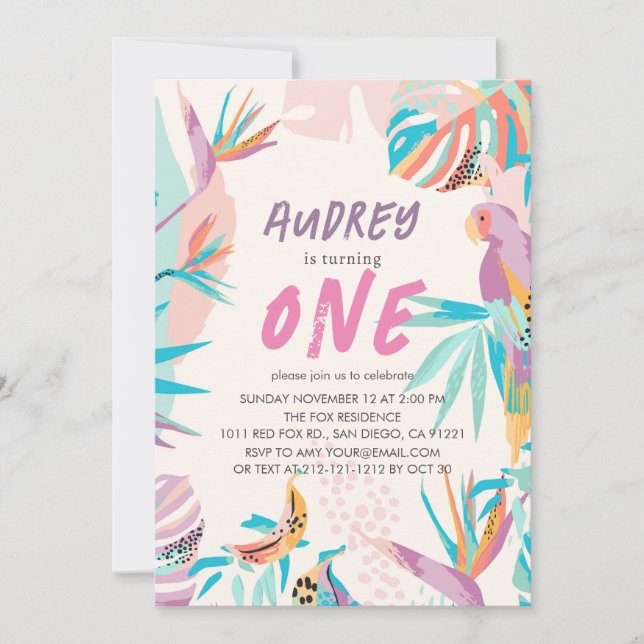 Colourful Tropical leaves Parrot Girl 1st Birthday Invitation (Front)