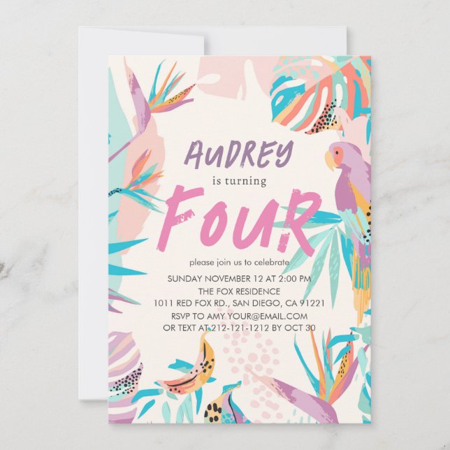 Colourful Tropical leaves Parrot Girl Birthday Invitation (Front)