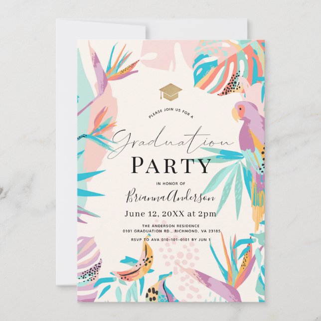 Colourful Tropical leaves Parrot Graduation Invitation (Front)
