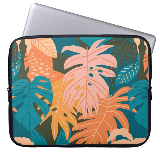 Colourful tropical leaves pattern laptop sleeve (Front)