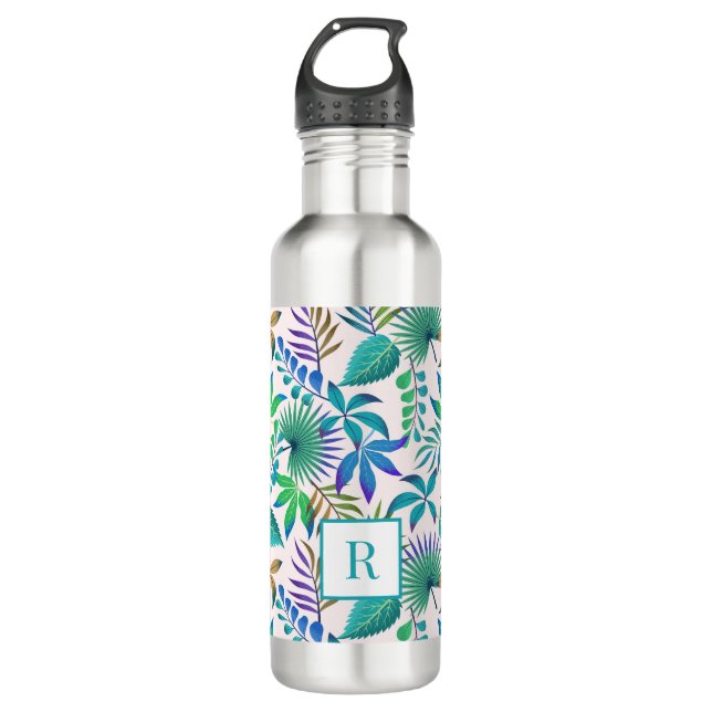 Colourful tropical leaves pattern monogram  710 ml water bottle (Front)