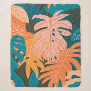 Colourful tropical leaves pattern sherpa blanket