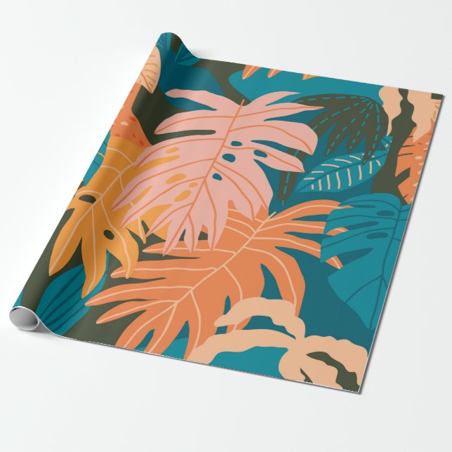 Colourful tropical leaves pattern wrapping paper (Unrolled)