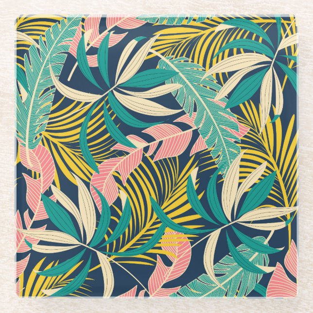 Colourful tropical leaves: summer pattern. glass coaster (Front)