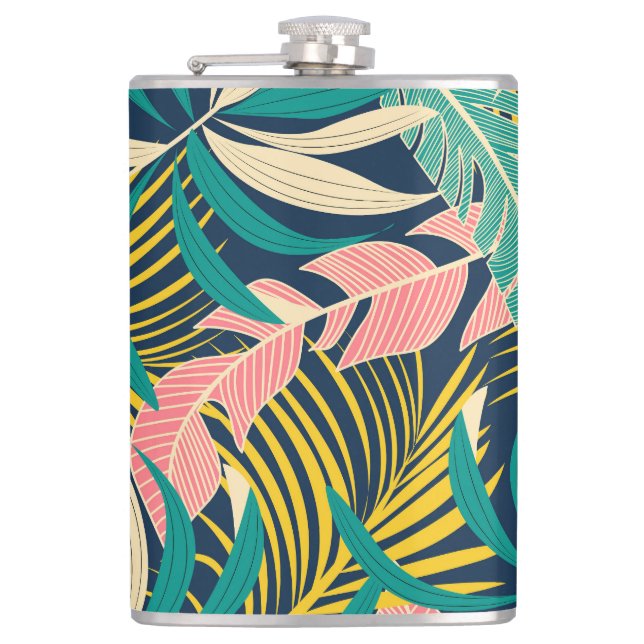 Colourful tropical leaves: summer pattern. hip flask (Front)