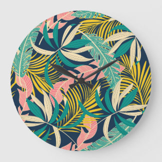 Colourful tropical leaves: summer pattern. large clock