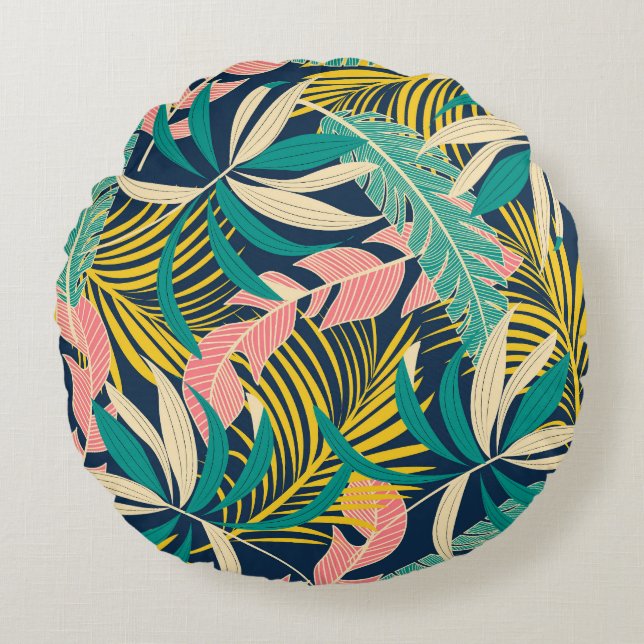 Colourful tropical leaves: summer pattern. round cushion (Front)