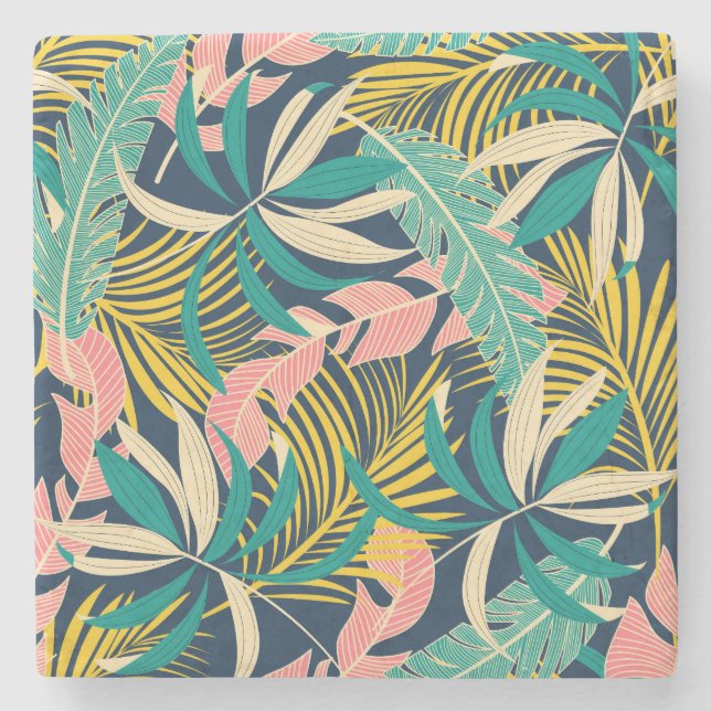 Colourful tropical leaves: summer pattern. stone coaster (Front)