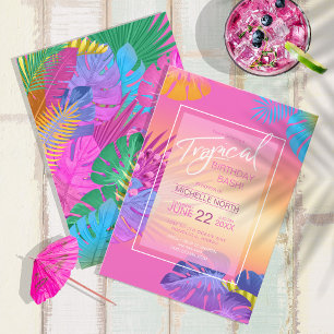 Colourful Tropical Leaves Sunset Birthday ID575 Invitation