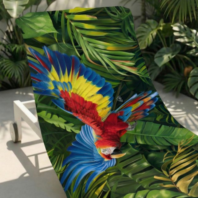 Colourful Tropical Macaw Beach Towel (Vibrant tropical macaw beach towel, bold colors for poolside or summer travel)