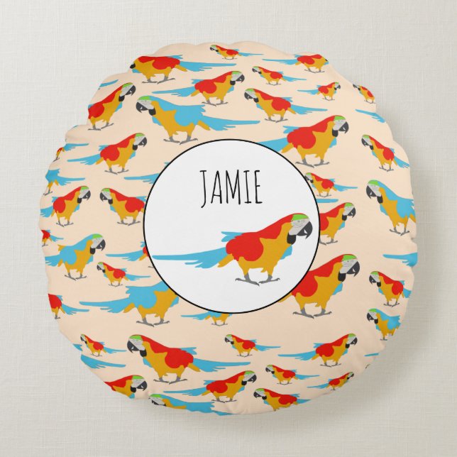 Colourful Tropical Macaw Pattern Round Cushion (Front)