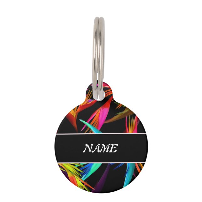 Colourful Tropical Messy Black Base Personalised Pet Tag (Front)