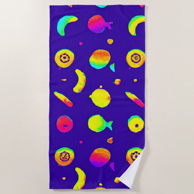 Colourful Tropical Neon Fruit Pattern Beach Towel (Front)