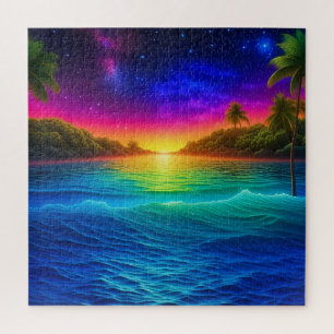 Colourful Tropical Ocean Sunset with Palm Trees Jigsaw Puzzle