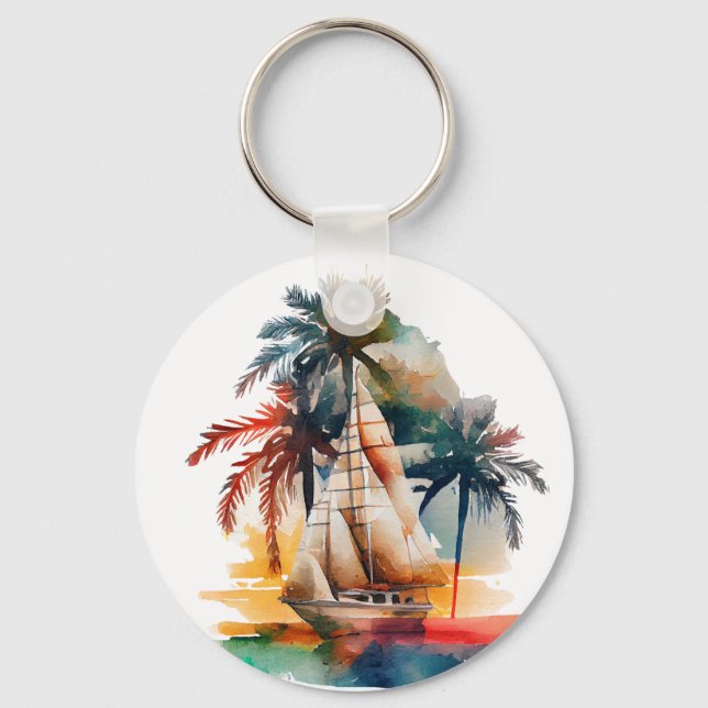 Colourful Tropical Palm and Sailboat Keychain (Front)