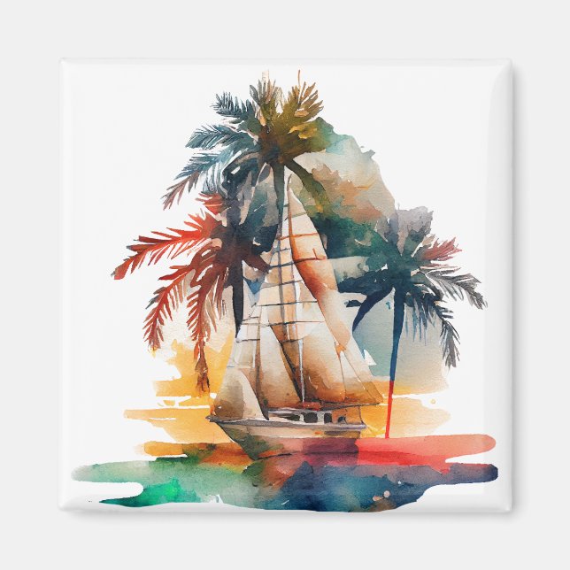 Colourful Tropical Palm and Sailboat Magnet (Front)